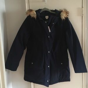 J Crew Navy Faux-Fur Trim Winter Parka Jacket